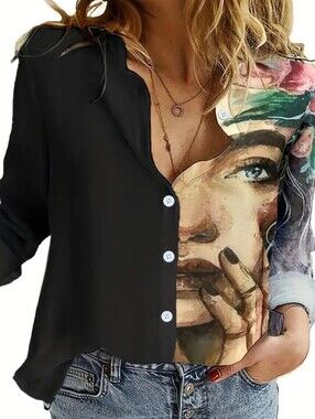 Artistic Half-Print Button-Up Blouse - Black/Multi